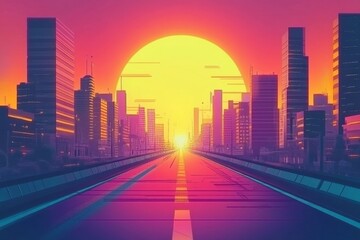 Poster - Cityscape Road Leading Towards a Sunset