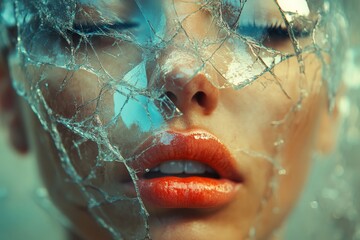 Poster - Woman with striking red lips behind shattered glass showcasing beauty and vulnerability in a surreal atmosphere
