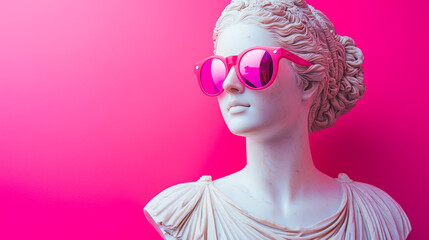 Poster - Statue wearing pink sunglasses against vibrant pink background captures modern art and fashion blend in a contemporary setting