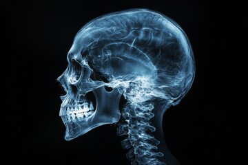 Poster - Detailed x-ray of a human skull showing cranial structure and spine alignment in profile view