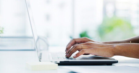Poster - Hands, research and businesswoman typing on laptop for finance report with company revenue. Technology, communication and female financial analyst with email for investment offer on computer.