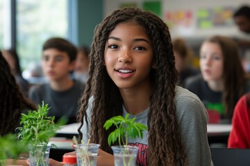 Poster - Young student engaged in science class with plants in a lively classroom setting at a school