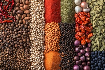 Aufkleber - Colorful display of various spices and herbs arranged in neat sections on a wooden surface