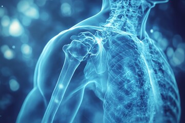 Poster - Detailed illustration of human skeletal and muscular anatomy showing the shoulder and upper body structures