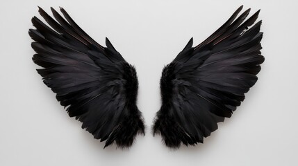  Dramatic black bird wings showcased against a clean white backdrop, capturing the elegance and unique characteristics of avian species through artistic representation and photography.