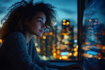 Aufkleber - Focused woman working on computer at night overlooking city skyline