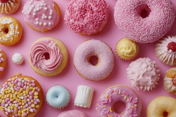 Poster - Delicious assortment of colorful donuts and sweet treats arranged on a pink background for a playful dessert display