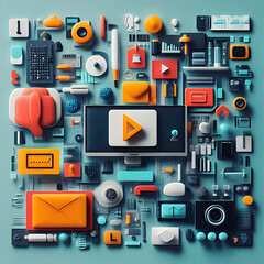 Fototapete - A graphic design featuring various digital tools and icons arranged in an organized layout, such as cameras, computers, text messages, and social media logos