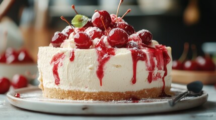 This decadent cheesecake features a luscious cherry topping, complete with a graham cracker crust and a drizzle of cherry sauce, perfect for dessert lovers everywhere.