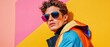 © Fernando - Stylish young man with sunglasses and colorful jacket posing against a vibrant pink and yellow background Fashion, trendy style, and modern youth culture concept