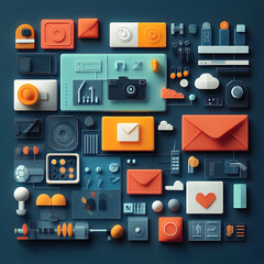 Fototapete - A graphic design featuring various digital tools and icons arranged in an organized layout, such as cameras, computers, text messages, and social media logos