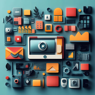 A graphic design featuring various digital tools and icons arranged in an organized layout, such as cameras, computers, text messages, and social media logos