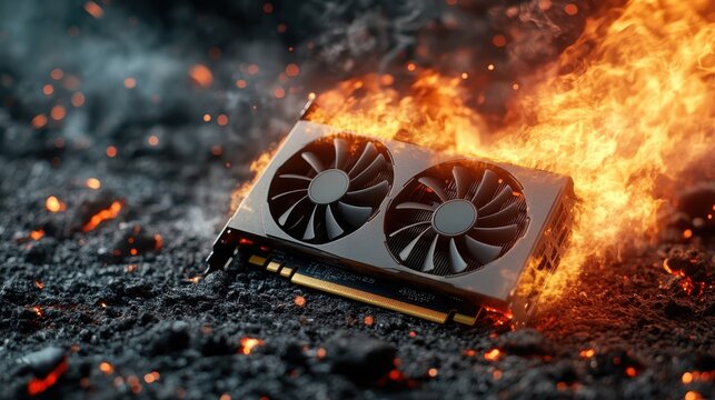 A striking image of a graphics card engulfed in flames, set against a backdrop of molten lava, symbolizing power, destruction, and technological intensity.