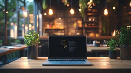 Wall Mural - laptop in the restaurant A workspace with a digital SEO graph and modern lighting