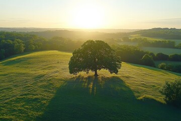 Poster - Sunlight casts long shadows from a solitary tree on a hillside during golden hour in the countryside