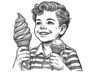 Wall Mural - happy boy holding ice cream cone engraving vector