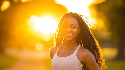 Smiling afro woman with long curly hair in sunset light, outdoor natural beauty, happiness, positive energy, joyful expression, sunshine glow, and summer lifestyle inspiration