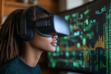 Aufkleber - Engaging in virtual reality exploration while observing digital data analysis from a computer screen at home