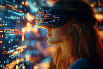 Aufkleber - Woman experiencing virtual reality technology in a digital environment filled with lights and colors