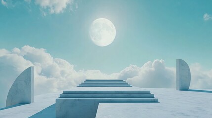 Large moon is in the sky above a series of steps. The sky is mostly clear, with only a few clouds scattered throughout. The image has a serene and peaceful mood, with the moon