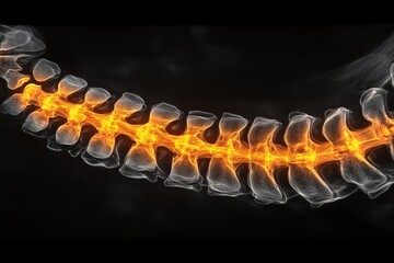 Poster - Detailed view of a human spine glowing in a dark setting showcases the intricate structures of vertebrae and intervertebral discs