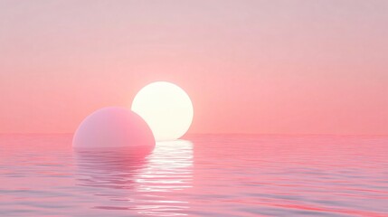 Pink and white ocean with two white spheres floating on the water. The spheres are illuminated by the sun, creating a serene and peaceful atmosphere