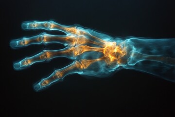 Poster - Detailed illustration of a human hand skeleton with highlighted joints and bones in a dark background