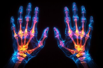 Poster - Colorful x-ray representation of human hands showcasing bones and joints with vibrant hues