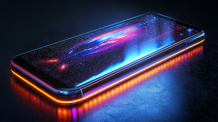 Poster - A sleek smartphone rests against a textured surface, glowing with vivid cosmic colors