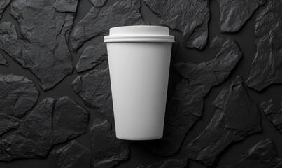 Poster - A white coffee cup is sitting on a black stone wall