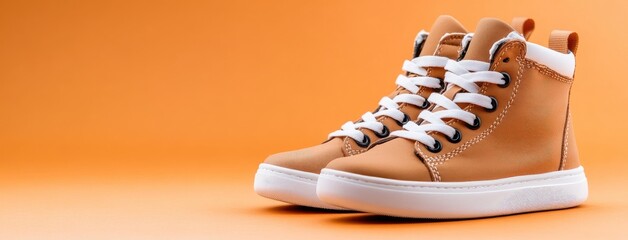 Brown casual shoes are displayed on a bright orange background, highlighting their stylish design and quality details for everyday use