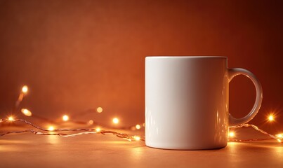 Poster - A white coffee cup sits on a table with a string of lights behind it