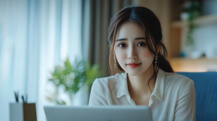 Poster - Young Asian businesswoman work at home and virtual video conference meeting with colleagues business people, online working, video call due to social distancing at home office