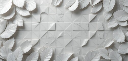 Poster - Elegant White Leaves and Geometric Tile Pattern with a clean design and marble details