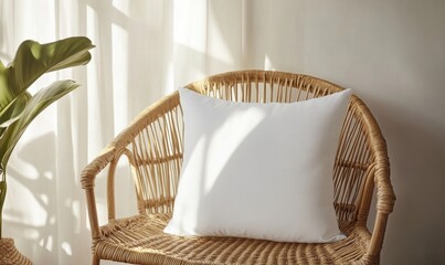 Wall Mural - A white pillow sits on a wicker chair in front of a plant