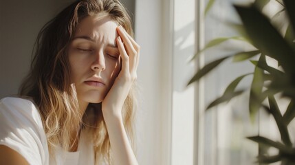 Poster - Waves of emotion pass over a woman as she gazes thoughtfully outside. Soft sunlight filters through the window, illuminating her features and creating an atmosphere of introspection
