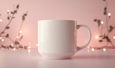 Poster - A white coffee cup sits on a table with a pink background