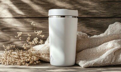 Poster - A white coffee cup sits on a wooden table next to a blanket