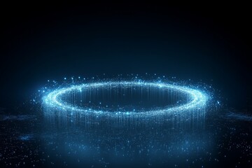 Poster - Circular glowing light formation with cascading particles in a dark environment