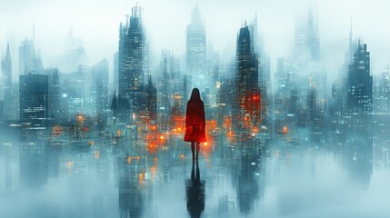 Wall Mural - A solitary figure in a red coat stands before a misty city skyline at dusk, reflecting urban lights