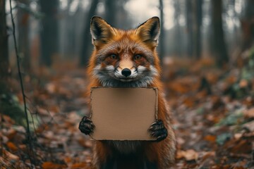 Poster - Fox holding a blank sign in a tranquil forest during autumn