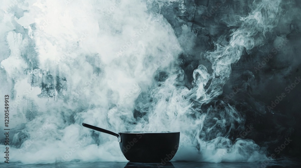 Black pot with steam coming out of it. The steam is thick and white ...
