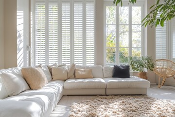 Living room featuring white wooden shutters and blinds, illuminated by natural light for a bright and inviting space