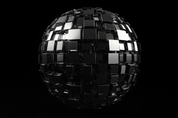Poster - Abstract sphere of black and silver cubes on black background.