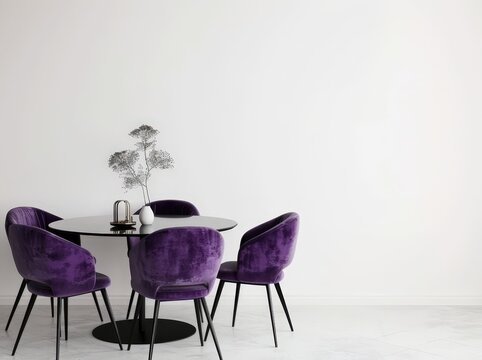 A minimalist dining room with four purple velvet chairs and a round glass table in front of a white wall