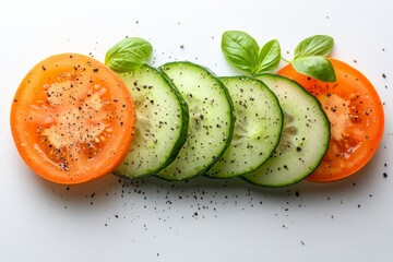 Poster - Freshly sliced cucumber and tomato garnished with basil leaves on a light background