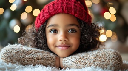 Wall Mural - Adorable Little Girl with Curly Hair in Holiday Knit Hat Smiling