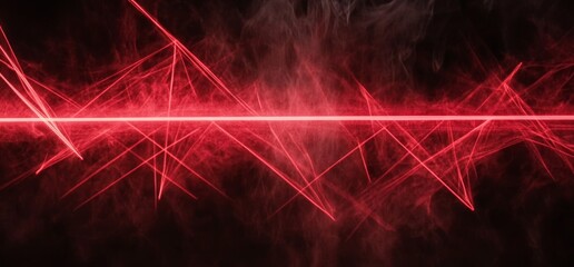 Wall Mural - A darkened room, street, tunnel, corridor, and background with searchlight beams and a red laser, shrouded in smoke, smog, and dust. An abstract dark blue background with neon lights and rays