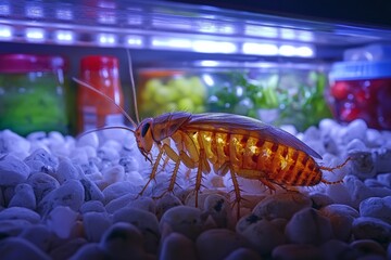 Poster - Cockroach exploring white gravel under colorful light in kitchen