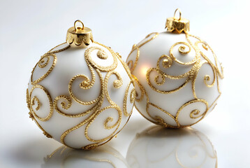 Poster - Elegant white Christmas ornaments adorned with intricate gold swirls, perfect for festive decorations and holiday celebrations.